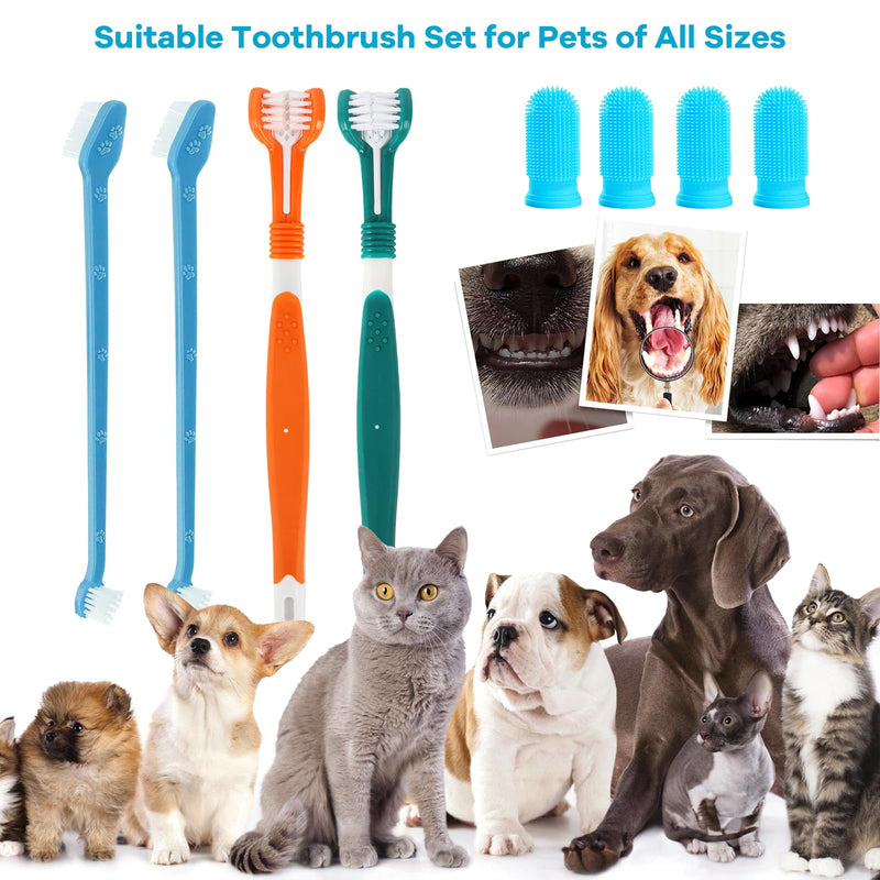 Vinuwu Dog Toothbrush Set, 2 Pack Triple Heads Dog Toothbrushes with 4 Pet Finger Toothbrushes, 2 Dual-Dead Toothbrush, Multi-Angle Dental Teeth Cleaning Products for Small Medium, and Large Pets