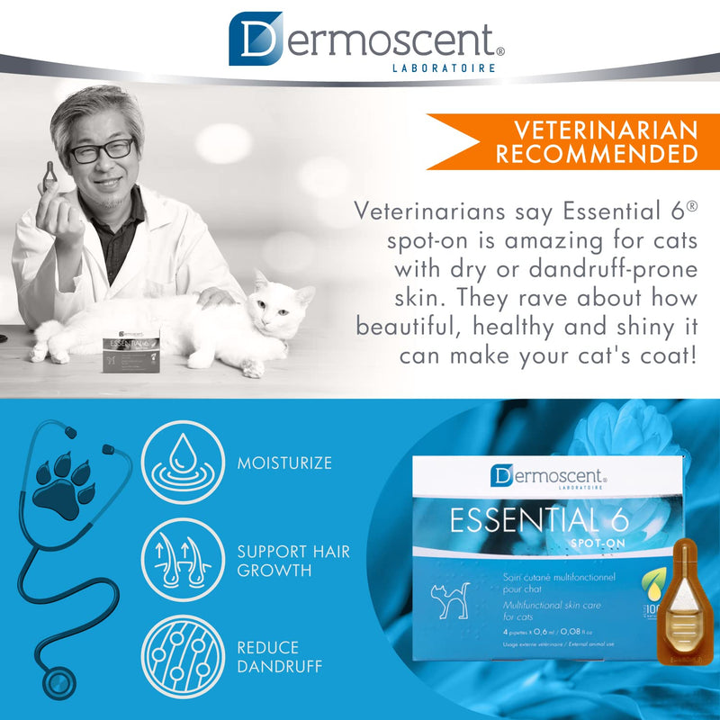 Essential 6 spot-on for Cats - Skin Care for Dandruff Dry or Oily Skin & Hair Loss - Natural Essential Oils & Fatty Acids - Healthy Skin & Coat - 4 Pipettes of 0.6 ml / 0.08 fl. oz