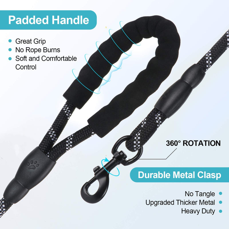 5ft 1/2in Heavy Duty Black Dog Leash for Large Dogs & Medium Size Dogs - Highly Reflective Heavy Duty Dog Rope Leash with Soft Padded Anti-Slip Handle- for 18-120 lbs Dogs 1/2" x 5 FT(18~120 lbs.) - PawsPlanet Australia