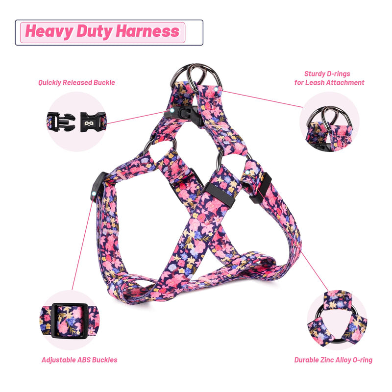 QQPETS Dog Harness Leash Set Adjustable Heavy Duty No Pull Halter Harnesses for Small Medium Large Breed Dogs Back Clip Anti-Twist Perfect for Walking S(14"-20" Chest Girth) Floral Pink