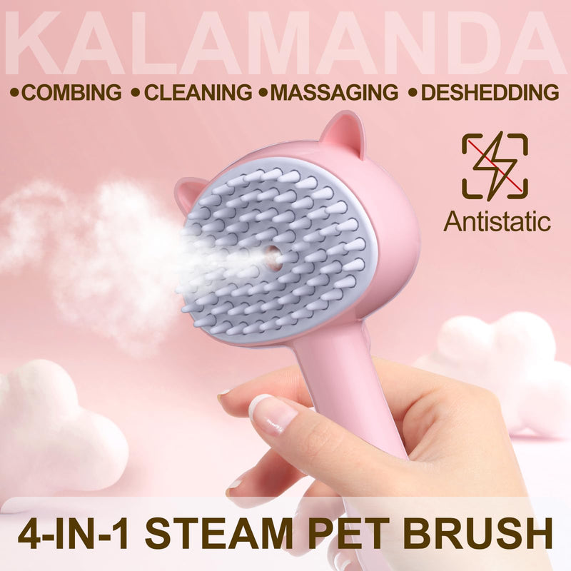 KALAMANDA Cat Steam Brush for Shedding, 4 in 1 Steamy Cat Brush with Handle, Rubber Pet Misting Brush with Release Button, Mist Dog Comb with Cleanser for Indoor Kittens Small Animals(Pink) - PawsPlanet Australia