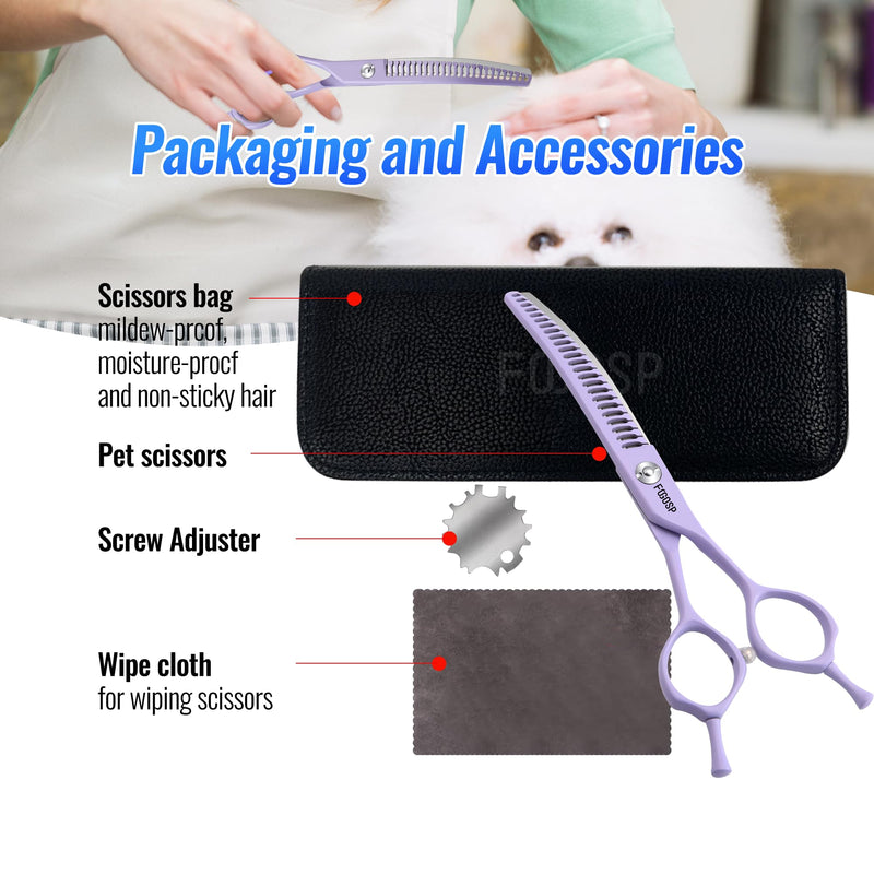 Curved Chunkers Dog Grooming Scissors 7" Macarone Series Professional Pet Grooming Shears for Dogs Pets Japan 440C Stainless Steel Sharp & Durable(Purple, 27Teeth Curved Thinners) 7.0 in Curved Chunkers Macaron Purple - PawsPlanet Australia