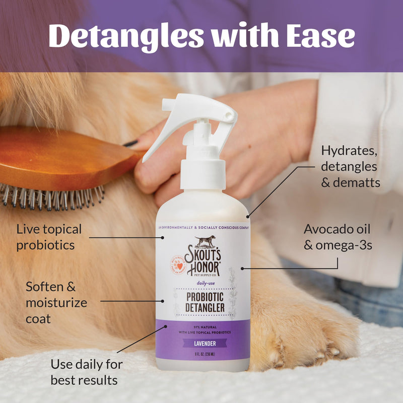 Skout's Honor Probiotic Pet Detangler Spray - Hydrating & Conditioning with Avocado Oil, 97% Natural, Paraben & Sulfate-Free, softens for a More brushable Coat, Daily Use, 8oz, Lavender, 2-Pack - PawsPlanet Australia