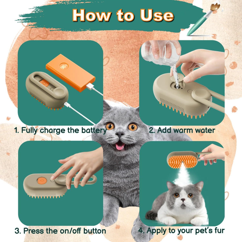 Steam Cat Cordless 3-in-1 Silicone Massaging Grooming Brush With Built-in Lithium Battery, Removes Static and Flying Pet Hair for Cats and Dogs (Beige) Beige - PawsPlanet Australia