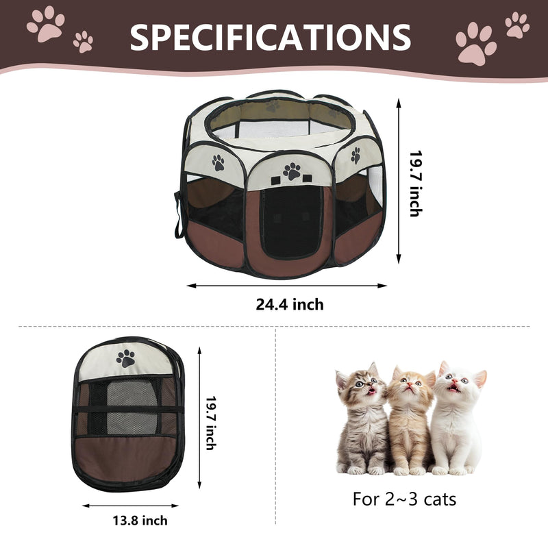 Cat Dog Playpen, Puppy Pet Playpen Indoor for Small Dog Crate Tent Cage Outdoor, Portable Pop Up Dogs Enclosure Kennel with Carrying Case for Dogs/Cats/Rabbits Brown.