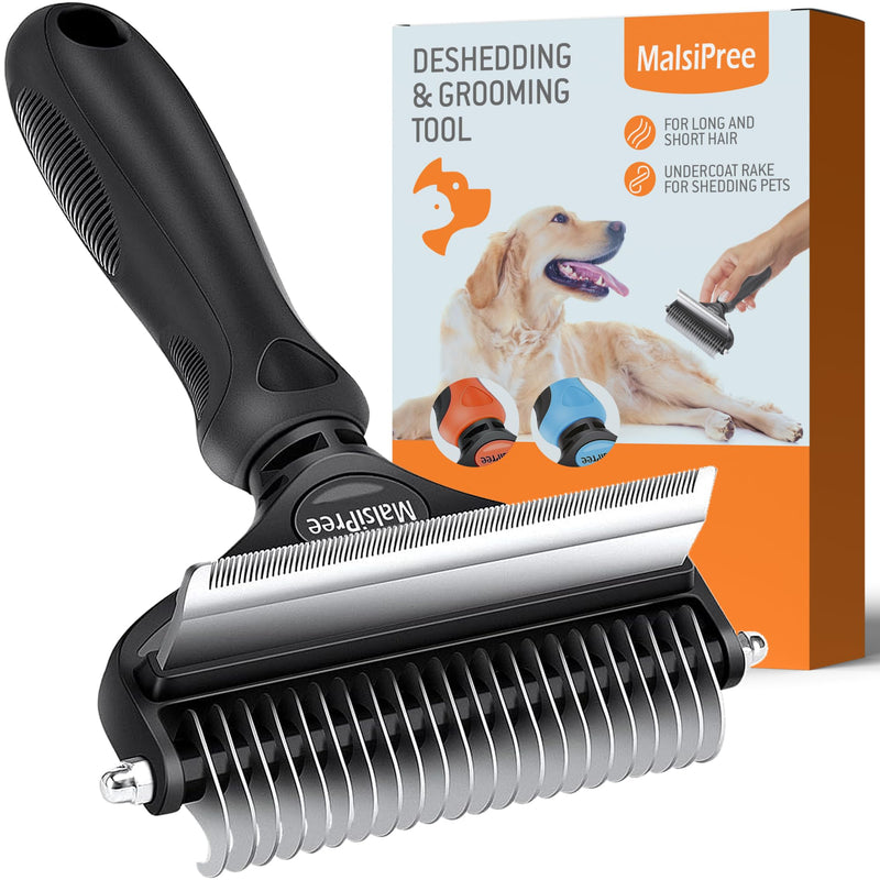 MalsiPree Dog Grooming Brush for Shedding - 2 in 1 Deshedding Tool and Undercoat Rake for Long and Short Haired Dogs with Double Coat - Dematting Comb and Pet Hair Deshedder Supplies (Large, Black) L