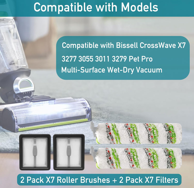 6 Pack Brushes and Filters Replacement Compatible with Bissell Crosswave X7 Pet Pro 3279 3277 3011 3055 Multi-Surface Wet-Dry Vacuum, 3 Roller Brushes, 3 HEPA Filters, 1 Cleaning Brush 6