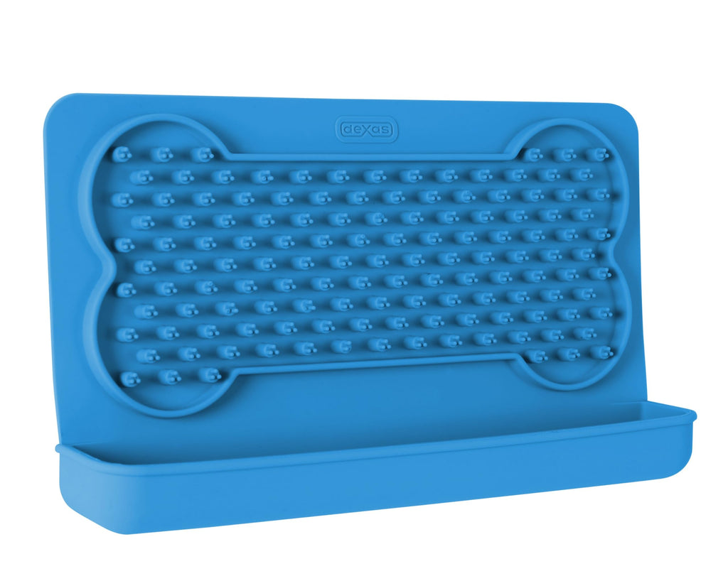 Dexas Snack & Distract Licking Mat with Catch Tray for Dogs and Cats-9.5"x 5.5", Pro Blue. Sticks to Most Slick or Smooth Surfaces. Eases Anxiety, Prevents Boredom, Entertains and Distracts. 9.5"x 5.5"