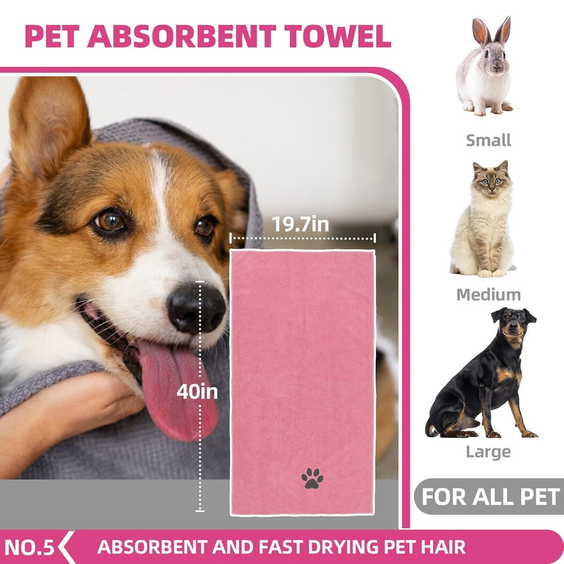 Bath Grooming Kit for Pets - Hair Brush Set with Towel, Washing Gloves, and Shampoo Scrubber Brush for Dogs and Cats (Pink) 6-Bath-Pink - PawsPlanet Australia