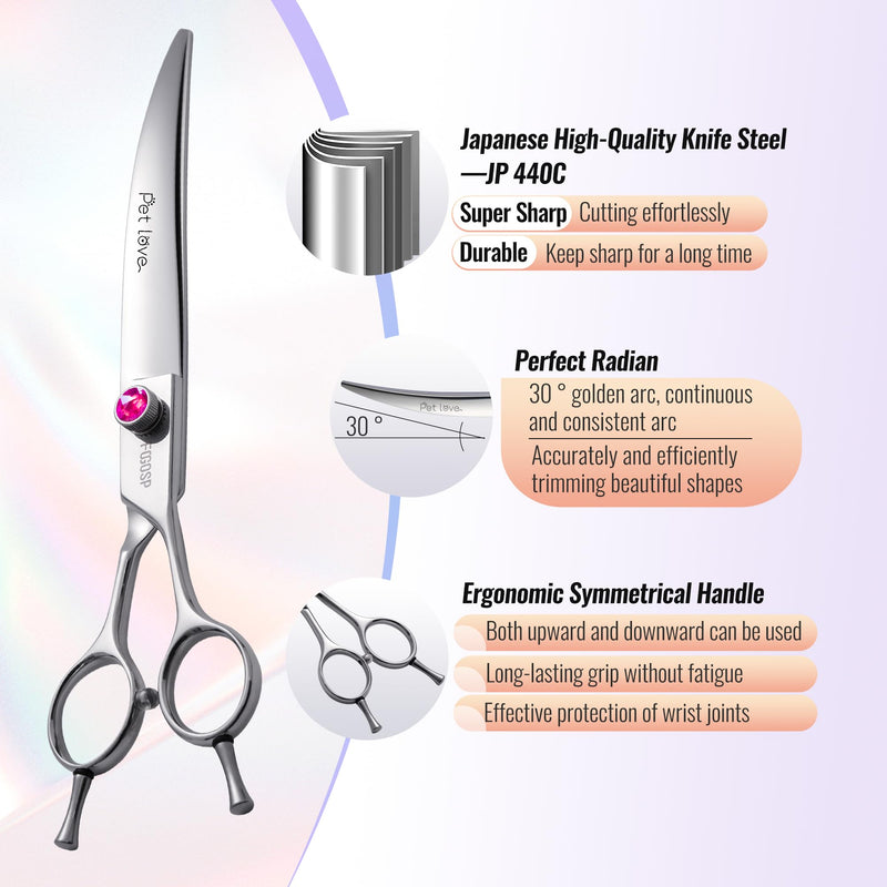 Curved Dog Grooming Scissors 7.5 inch Professional Curved Shears Dog Grooming for Poodle Large Dog Pet 30 Degree Japanese 440C Right Handed Super Sharp Purple Diamond(7.5,Curved) 7.5 inch Purple Diamond - PawsPlanet Australia