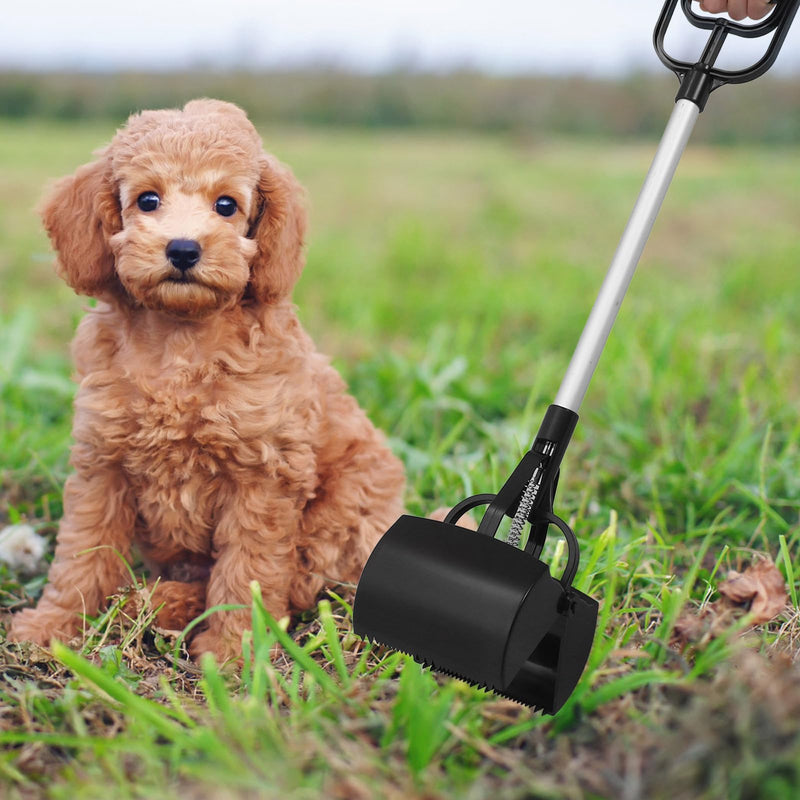 Dog poop picker with long handle made of plastic, large opening, portable cleaning tool for pet waste in outdoor areas. Random color.