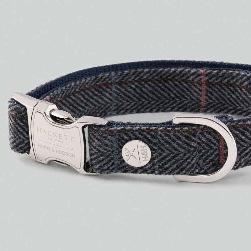 HUGO & HUDSON x HACKETT Tweed Dog Collar with Adjustable Metal Buckle, Grey Checked Herringbone S