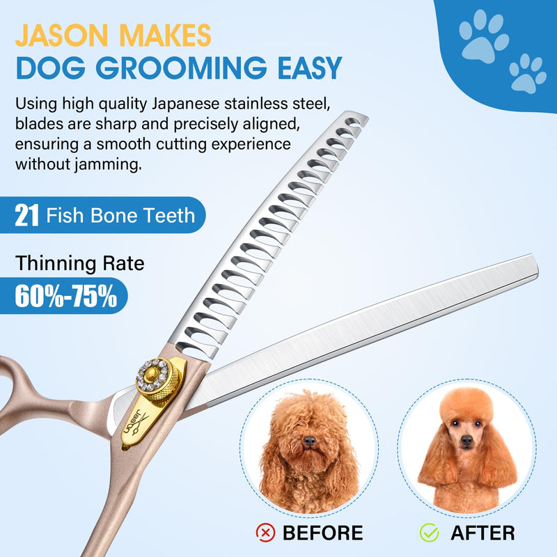 JASON Professional Curved Chunker Shears - 7 Inch Chunker Scissor Dog Grooming Japanese 440C Stainless Steel Diamond Screw with 21 Fishbone Teeth Dog Shears, Rosegold - PawsPlanet Australia