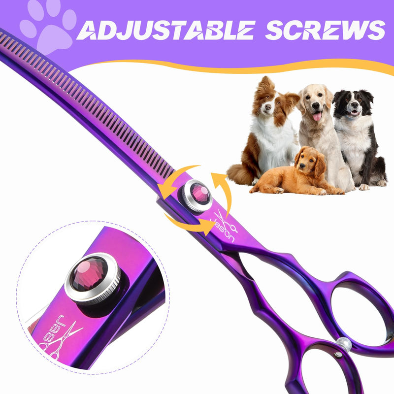 JASON 7.5" Dog Grooming Scissors - Professional Curved Thinning Shears for Grooming, Japanese 440C Stainless Steel Blender Shears with Diamond Adjustable Screw (65 Teeth, Purple) Christmas Gift A-Curved Thinner - PawsPlanet Australia