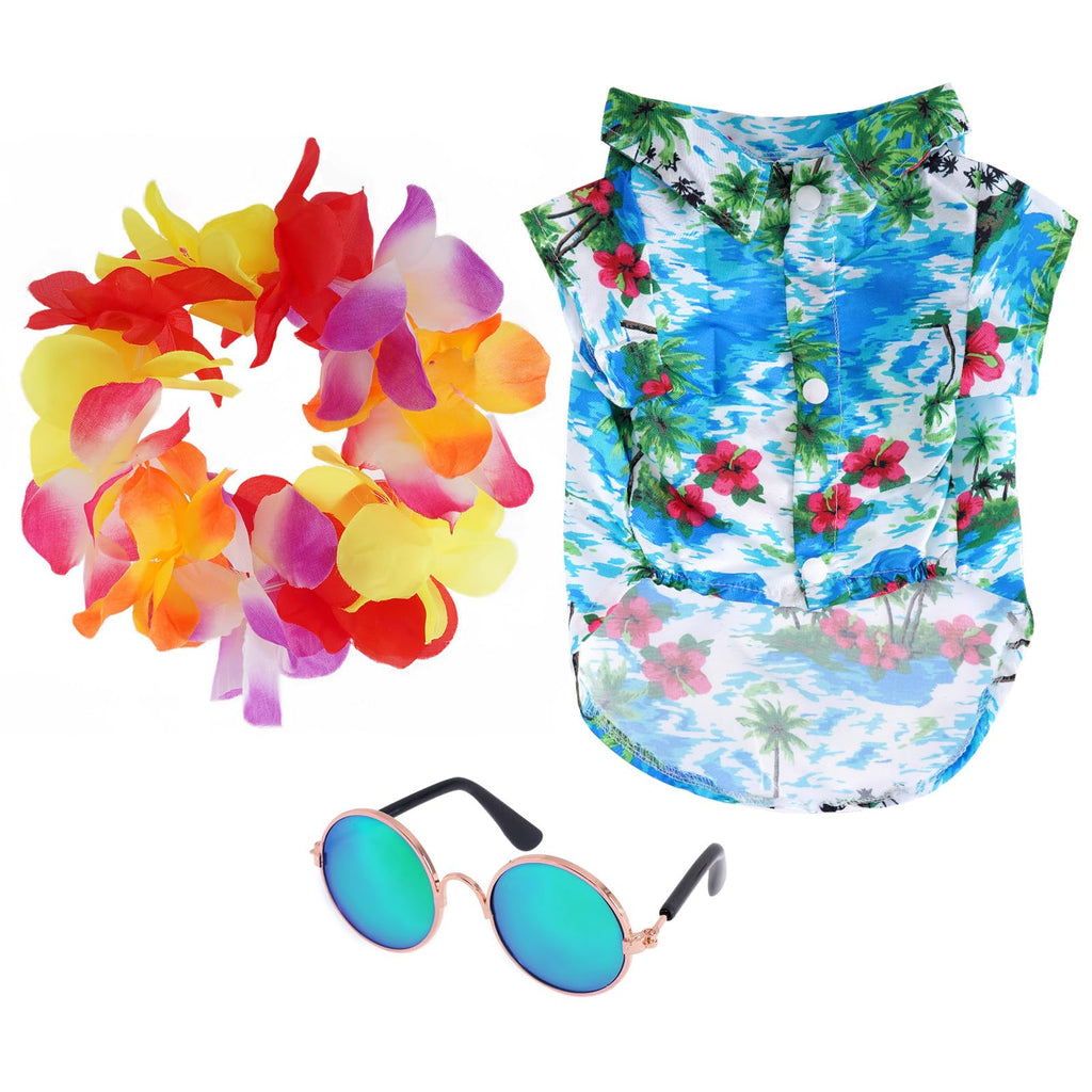 3 Pieces Pet Dog Hawaiian Costume Summer Shirts for Dogs Hawaiian Dog Cat T-Shirts Funny Cute Sunglasses and a Colorful Wreath for Small to Medium Dog