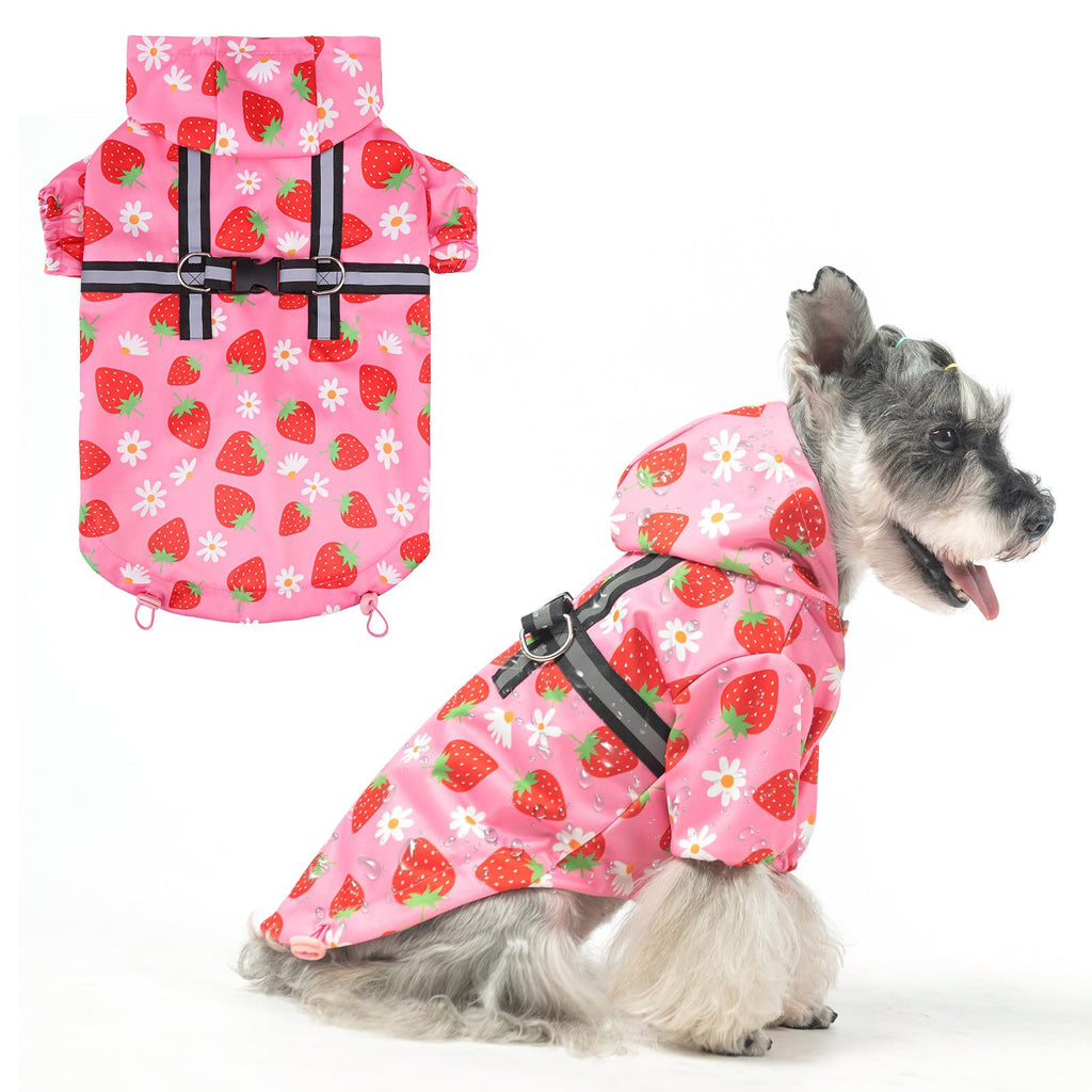 BEAUTYZOO Dog Raincoat Hooded with Harness Built-in for Small Medium Large Dogs Girls Boys, Dog Rain Jacket Slicker Poncho, Waterproof Dog Rain Coat Clothes for Winter Rainy Snowy Days, Pink S S(Back 13.2", Chest 18.5", Neck 13.9") Strawberry Pink