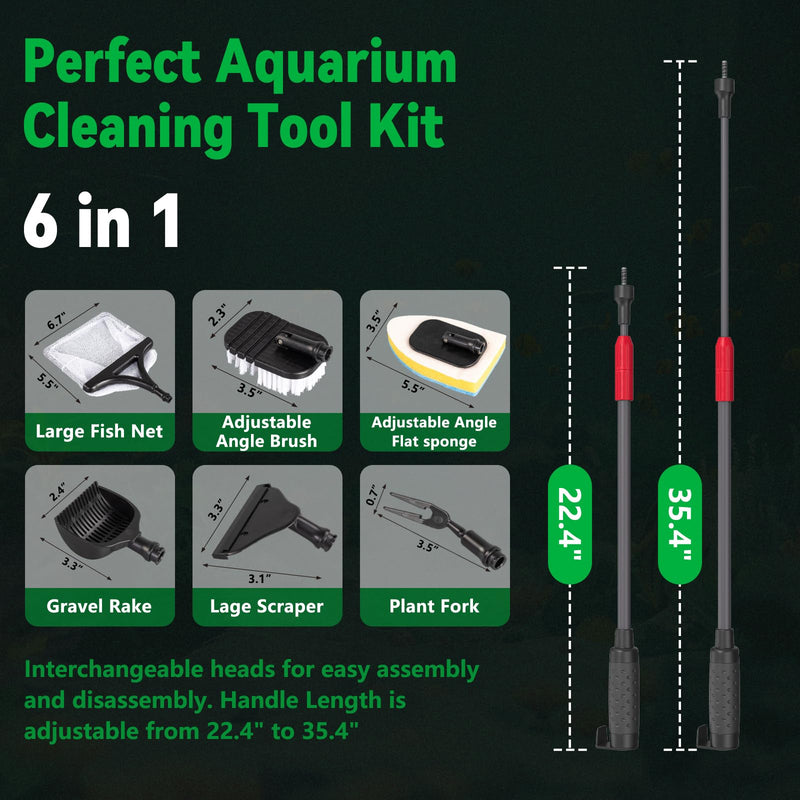 Aquarium Clean Tool 6 in 1 Fish Tank Cleaning Kit, Multi-Use Fish Tank Cleaner Brush, Algae Scraper Scrubber Pad Adjustable Long Handle Fish Tank Brush for 20-160 Gallon Acrylic & Glass Tank - PawsPlanet Australia