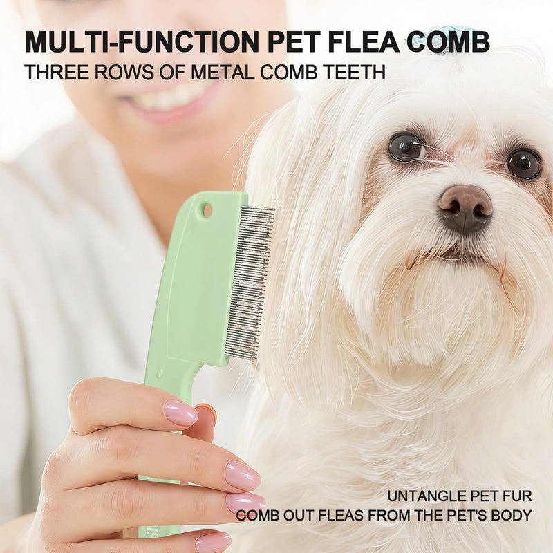 HOP Green 3-Row Pet Flea Comb with Handle Fine Tooth Flea Comb Lice&Tick Metal Comb for Dogs and Cats Remove Loose Hair Dirt Fleas 5.98in/15.2cm