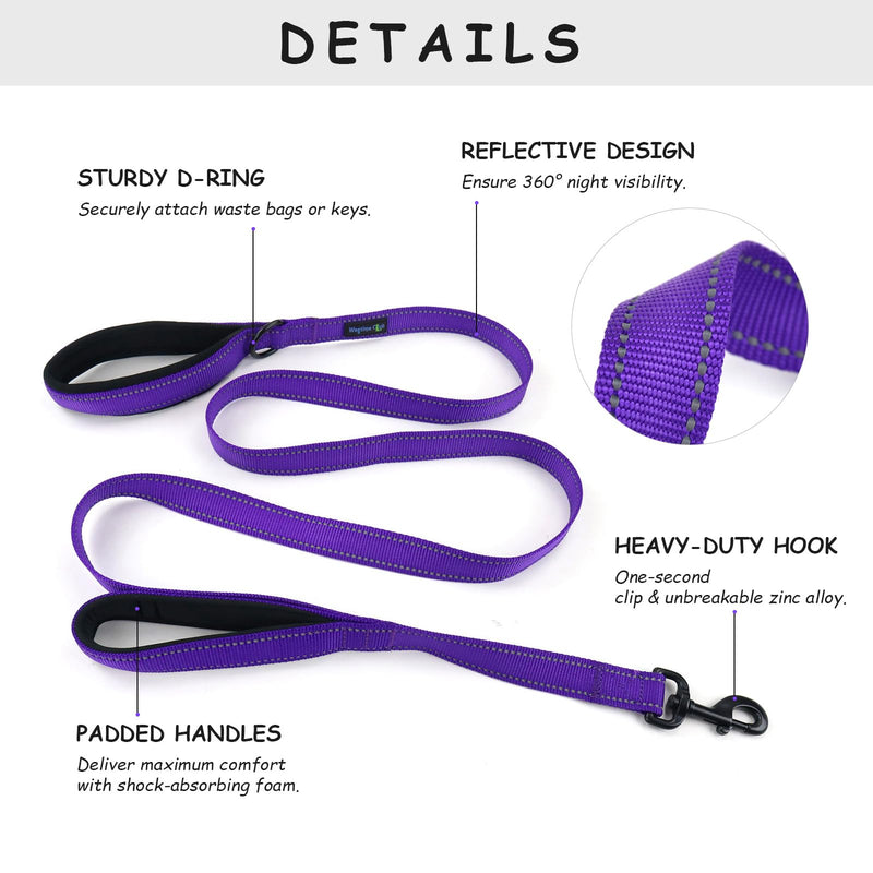 Wagtime Club Double Handle Dog Leash, 6ft Long Heavy Duty Dog Leash with Paded Traffic Handles for Extral Control and Training, Dual Handles Leads, Large Medium Small Dogs (Reflective Vibrant Purple) Reflective Vibrant Purple - PawsPlanet Australia
