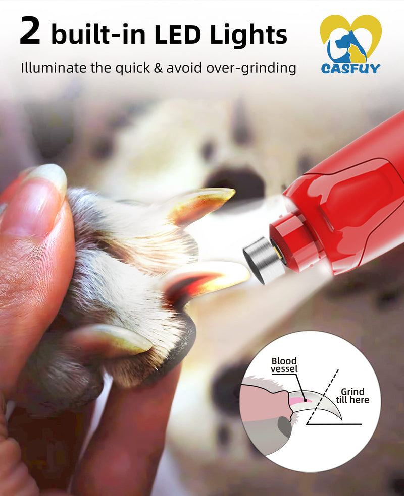 Casfuy Dog Nail Grinder Quiet - (45db) 6-Speed Pet Nail Grinder with 2 LED Lights for Large Medium Small Dogs/Cats, Professional 3 Ports Rechargeable Electric Dog Nail Trimmer with Dust Cap(Red) A-Red