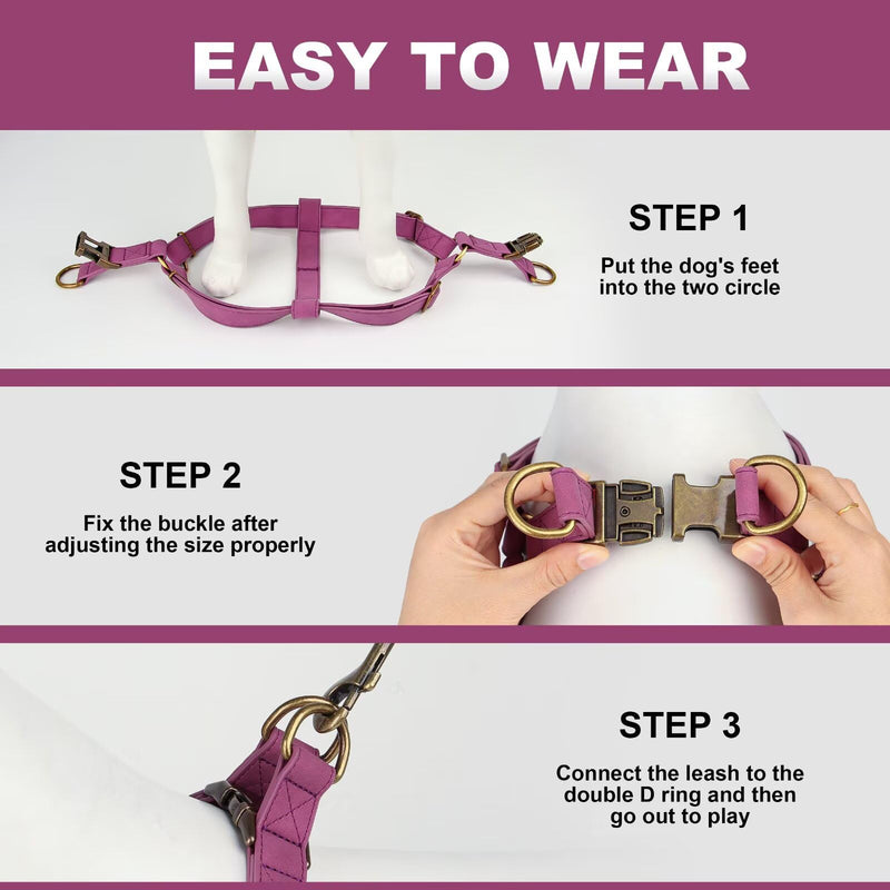 Didog Step in Dog Harness - PU Leather Dog Harness with Antique Bronze Metal Buckle, Easy Walk Dog Halter Harness for Medium Large Dogs Walking Training (Purple, M: Chest 20-29") M:Chest 20-29", Fit 25-45 lbs Purple - PawsPlanet Australia