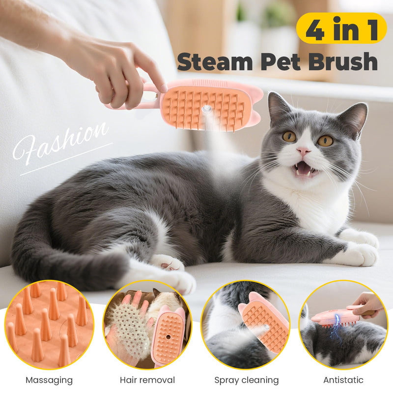 Cat Steam Brush for Shedding, 4 in 1 Rechargeable Steam Brush for Cats and Dogs, Anti-Static, Massage, flea comb for cats& Pet Removal Hair Glove,Shedding & Combing All In One!(Pink) Pink