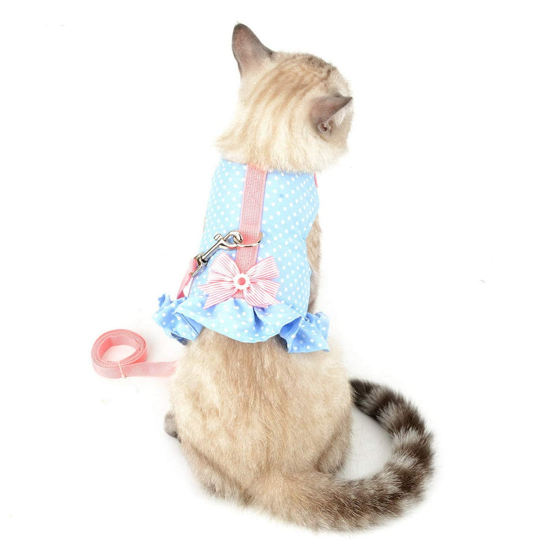 Zunea No Pull Small Dog Girl Harness Dress Escape Proof Cat Kitten Vest Harness Leash Set Step-in Soft Cotton Padded Polka Dot Jacket Chihuahua Puppy Clothes with Cute Bow for Walking Blue S S (Chest:14.5-15.7", Neck:9-9.8") blue dots - PawsPlanet Australia