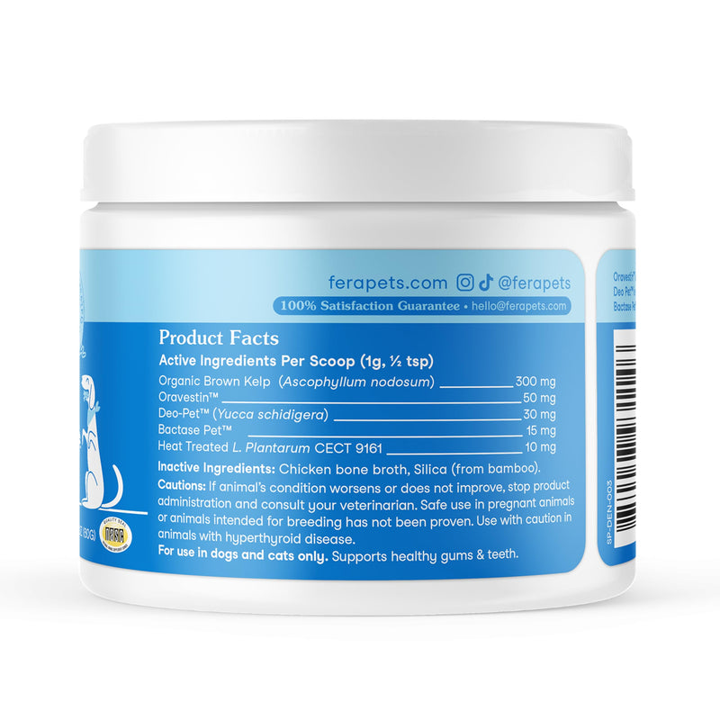 Fera Pets Cat & Dog Dental Support Powder - Supports Fresh Breath - Promotes Healthy Teeth and Gums - Targets Tartar Build-Up - Includes Kelp, Enzymes & Postbiotics - 60 Scoops - PawsPlanet Australia