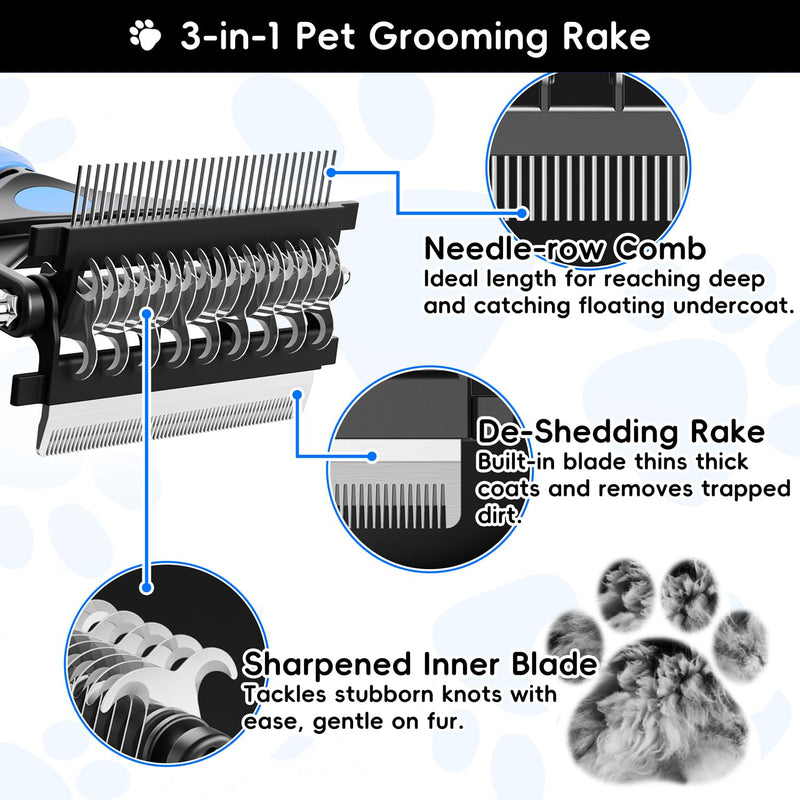 3-in-1 Pet Deshedding Tool – Grooming Brush for Dogs & Cats with Undercoat Rake & Dematting Comb (Blue) - PawsPlanet Australia