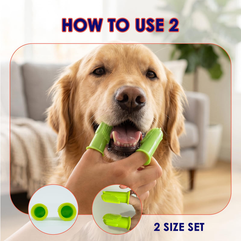 Dog Finger Toothbrush 2 Pack, Small & Large Sizes for Better Finger Fit, Soft Food Grade Silicone Dog & Cat Toothbrush, 180° Bristles for Plaque & Tartar Removal, Pet Teeth Cleaning & Bad Breath Care Green