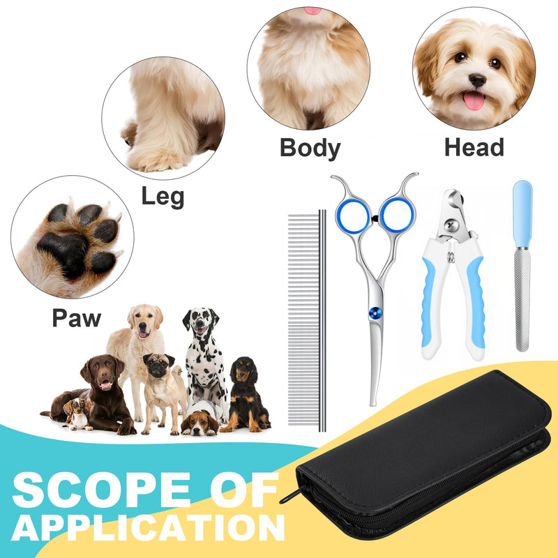 Dog Grooming Scissors Set with Safety Rounded Tips, 4pcs Pet Dog Cat Grooming Tools, Professional Grooming Shears Set Hair Cutting Trimming Scissors with Steel Comb & Leather Pouch for Dogs Cats Pets