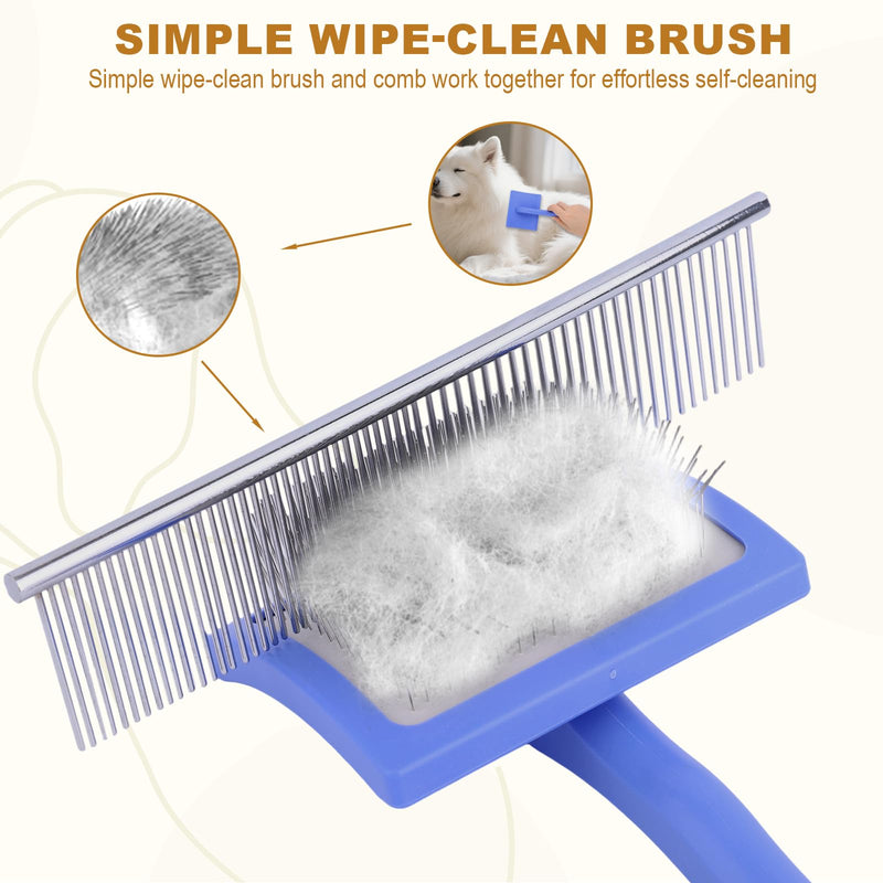 Slicker Brush with Comb for Dogs, Self-Cleaning Dog Grooming Brush with Long Pins & Rubber Round Tips Deshedding Comb for Long Hair Pets Cats Remove Tangles Knots (Blue) Blue
