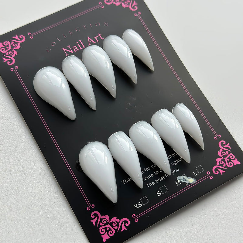 Luxury Press on Nails Medium Stiletto Handmade Eagle Claw Unique Reusable ABS Material White Fake Nails Cat Claw False Nails with Solid Colour Designs Glossy Glue on Nail Curved Thick Acrylic Nail(M) N41 M - PawsPlanet Australia