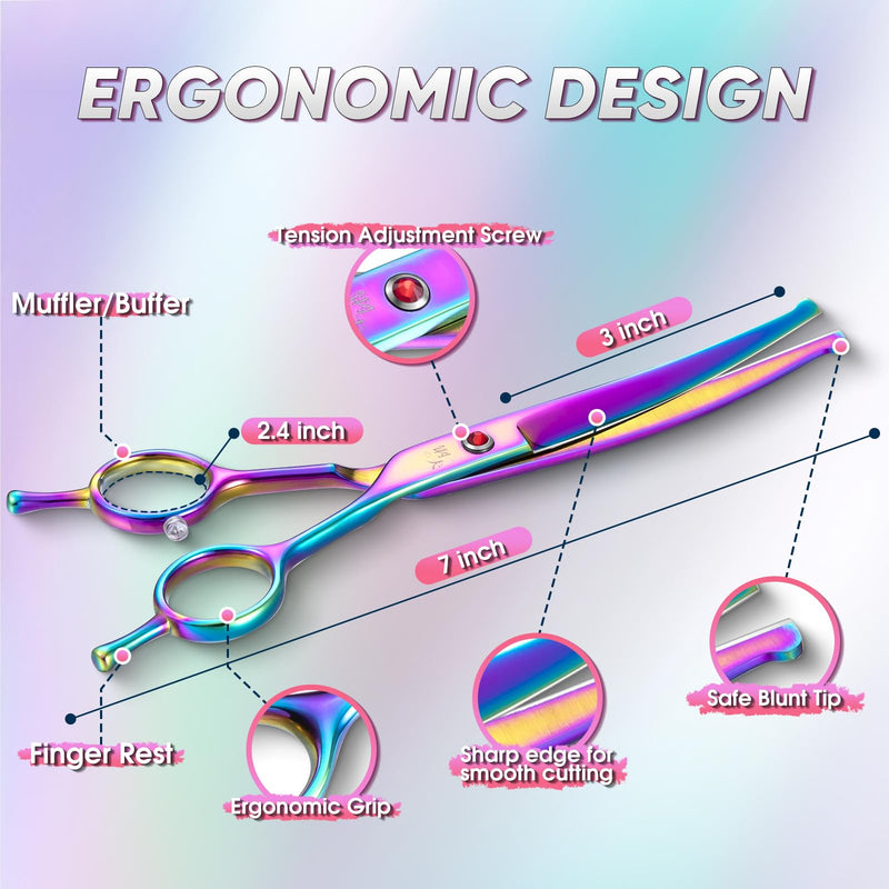 7" Curved Dog Grooming Scissors with Safe Round Tip, Rainbow Pet Fur Scissors, Japanese Stainless Steel 440C, Sharp and Sturdy Grooming Shears for Novice and Professional Groomers Curved scissors
