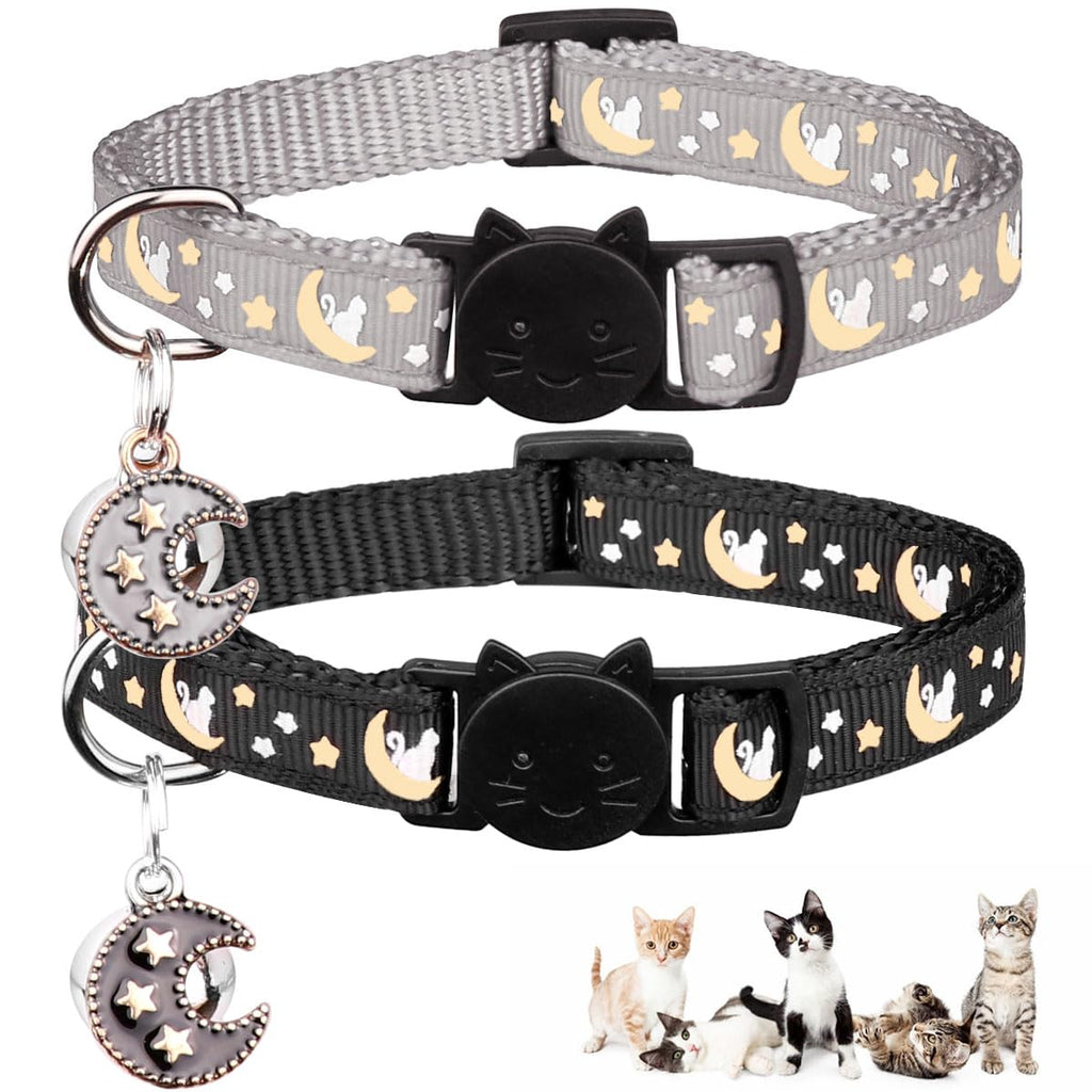 2Pcs Breakaway Cats Collars Cat Collars for Boy & Girl Cats Adjustable Kitten Collars with Bell,Black+Gray 7.0-10.7'' Black+Gray