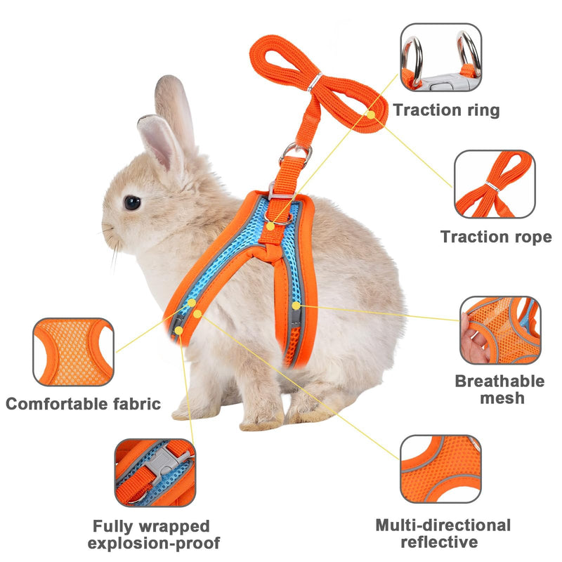 2 Pack Rabbit Harness and Leash Set, Double Buckle Bunny Harness with Reflective Strips Soft Breathable Mesh Vest Harness for Rabbits Walks Accessories XXS Orange and Green