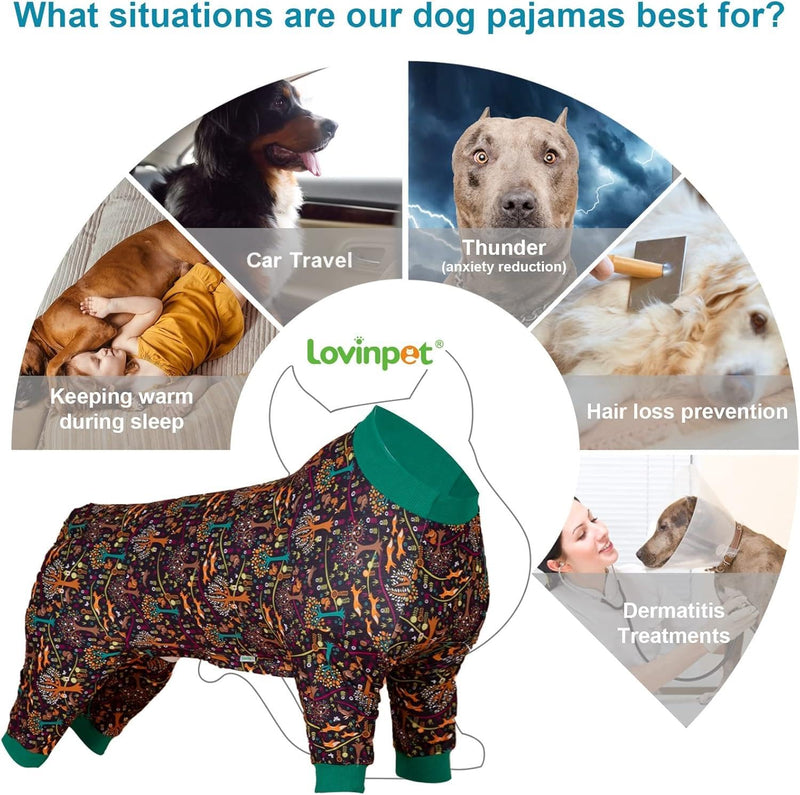LovinPet Large Dog Pajamas Pitbull - Comfy Lightweight Stretchy Fabric, Norwegian Woods Print, Surgery Recovery Outfit for Dogs, Easy to Wear Adorable Dog Clothes, Pitbull Clothes, Black Green L