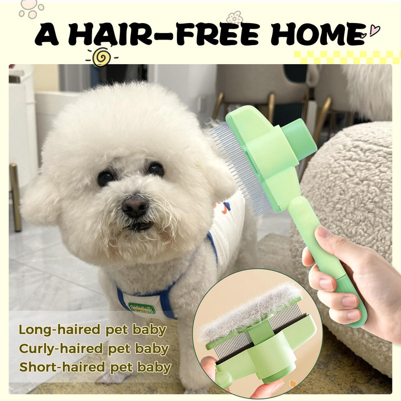 2PCS Pet Comb for Dogs & Cats Pet Hair Removal Comb with Long & Short Stainless Steel Metal Teeth for Shedding and Tangles Self-Cleaning Cat Grooming Brush with Release Button (2PCS set) 2PCS set