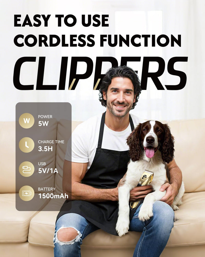 Dog Clippers Cordless, Professional Pet Clippers, 2-Speed Low Noise Dog Grooming Kit, Pet Trimmer for Small Large Thick Hair Dogs Cats Gold - PawsPlanet Australia