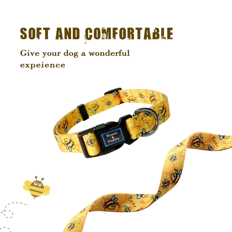 Roses&Poetry Dog Collar with Colourful Bee Patterns, Adjustable Durable Puppy Collars for Small Medium Large Dogs (Bee-L) L Golden - PawsPlanet Australia