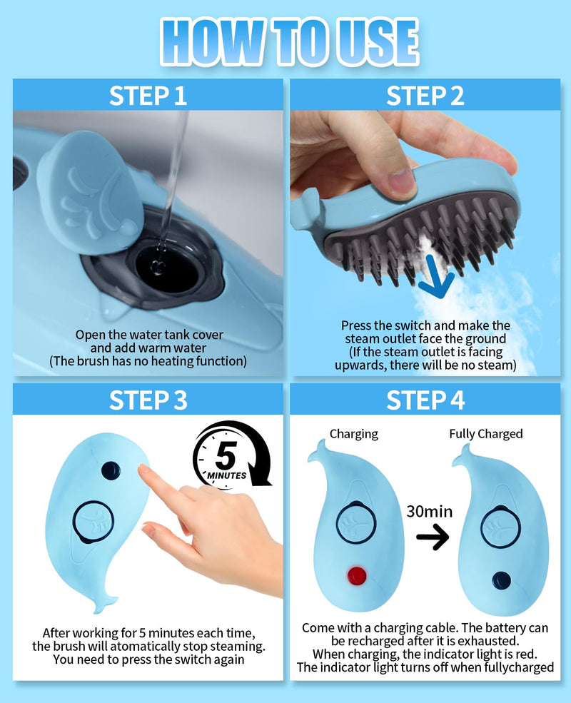 Cat Steam Brush for Shedding - 3 in 1 Steamy Cat Brushes for Grooming and Massage - Whales Shaped Cats Brush with Steam for Dogs, Removing Tangled and Loose Hair (Blue) Blue - PawsPlanet Australia