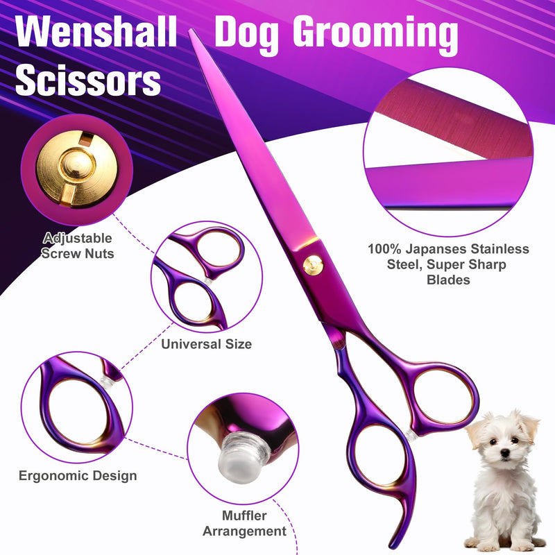 Professional Dog Grooming Scissors Set - 6.5" Thinning, 7" Straight, 7" Up-Curved, 7" Down-curved Scissors and Comb for Dog Cat Pet (Purple) Purple - PawsPlanet Australia