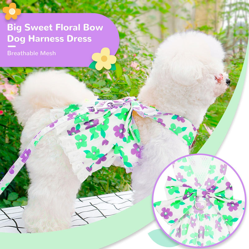 Dog Harness Dress Leash Set for Small Dog Summer Clothes Girl Female Puppy Cats Outfits Cute Floral Bowknot Princess Birthday Dress for Extra Small Pet Doggie Kitten Outfits Apparel(Green,XS) X-Small Green