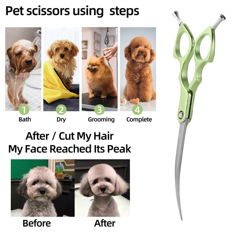 6.5" Curved Grooming Scissors for Dogs 440C Stainless Steel Professional Dog Grooming Scissors with Ultra-Light Aeronautical Aluminum Handle (Green-Curved) Green - PawsPlanet Australia