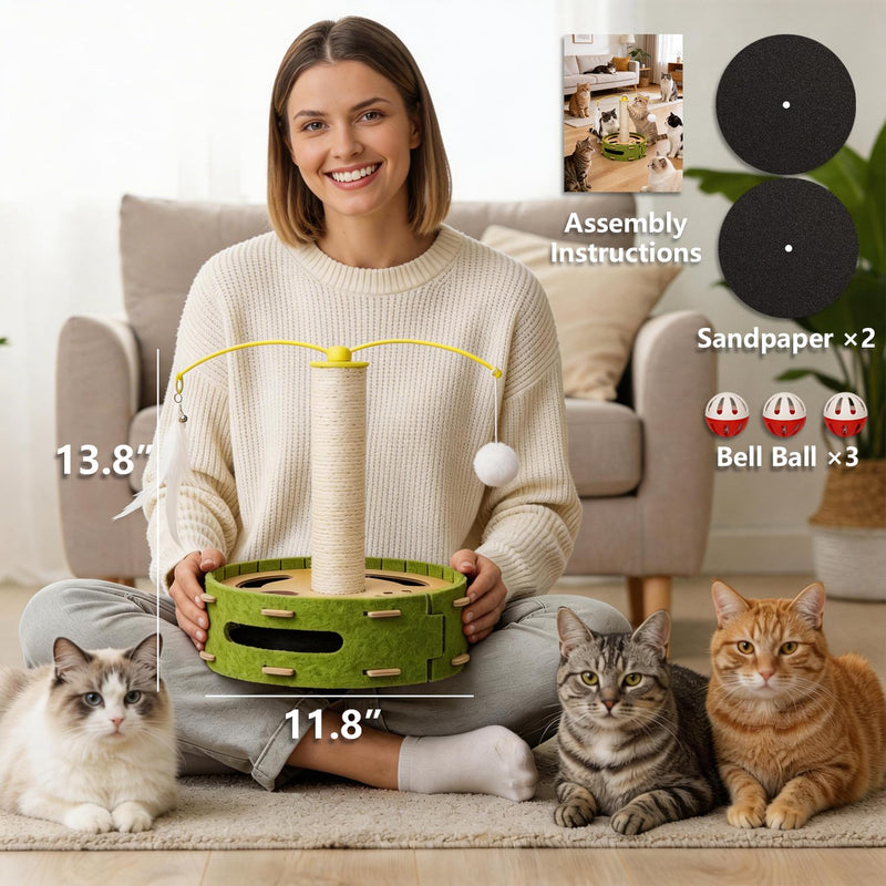 Cat Nail File Enrichment Box with Scratching Post, Sandpaper Scratcher Base, Interactive Cat Scratch Puzzle Box with Rotating Teaser & Bell Balls for Indoor Cats