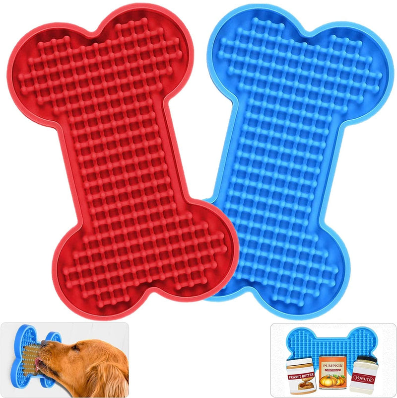 Lick Mat for Dogs Peanut Butter Licking Mats Slow Feeding Dog Bowl, Tattoo and Anxiety Reducer for Pet Food, Yogurt, Dog Bath, Dog Grooming and Dog Training - 2 Pack Blue+Red