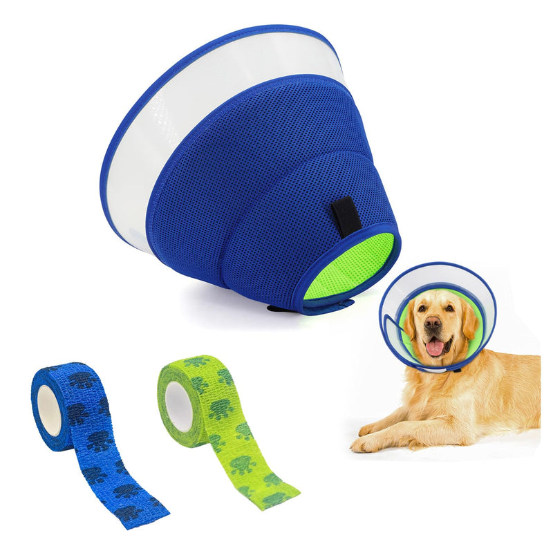 Soft Dog Cone Collar for Dogs After Surgery, Cone for Dogs Prevent Licking, Adjustable Recovery Collars for Dog, Includes 2 Rolls of Self-Adhesive Pet Vet Wrap (Blue, 9.4-11.8in) Blue Size L(Neck:9.4in.-11.8in.)