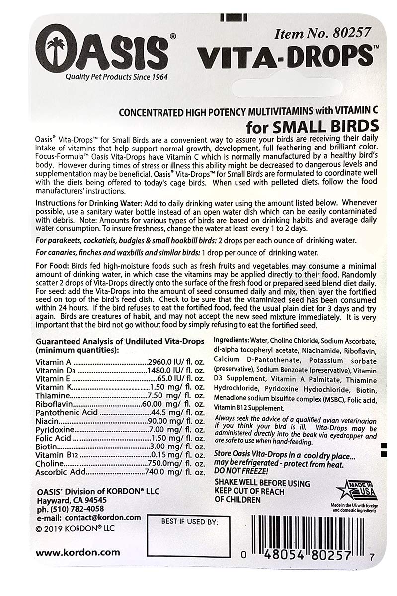 OASIS #80257 Vita Drops for Small Birds, 2- ounce liquid multivitamin