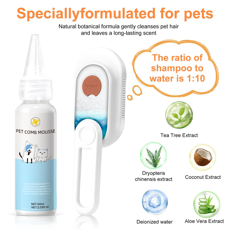 Steam Brush for Cat & Dog – 3-in-1 Spritz Pet Spray Hair Removal Comb for Grooming & Shedding Steam – Water Brush for Long & Short Haired Pets– Includes Two Bottles Waterless 2*Shampoo 7.8″-90ML white