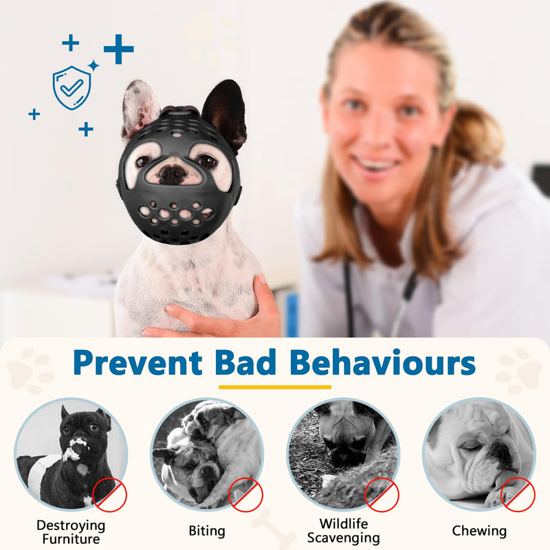 BARKLESS Short Snout Dog Muzzle, Soft Silicone Flat Faced Muzzle for French Bulldog Shih Tzu and Pug for Biting Chewing Licking and Grooming, Allows Panting Black XL（Head 20-22½"） - PawsPlanet Australia